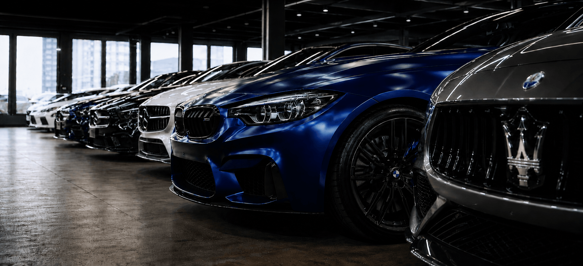 Luxury vehicles in showroom